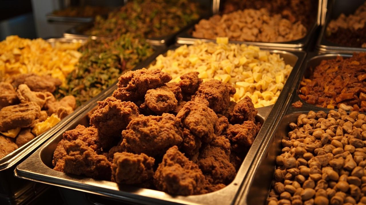 Jean's soul food buffet spread with fried chicken, greens, mac and cheese, and more